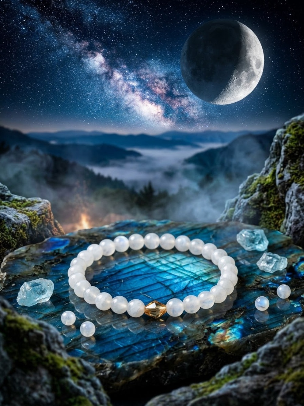Handcrafted Genuine Moonstone Stretch Bracelet Gold Accent Boho Crystal Healing